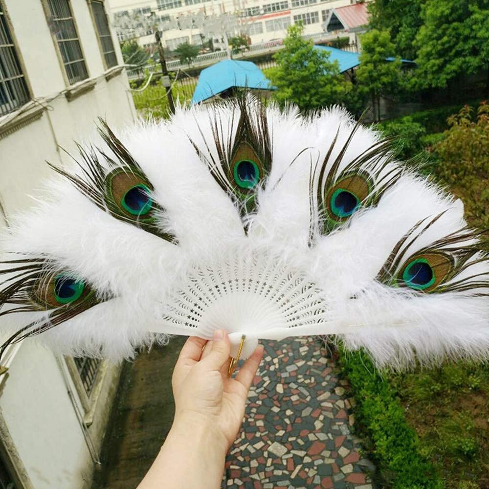 Amazon.co.jp: ACCDKAB(まこ)扇子 白孔雀羽根扇 白毛孔雀扇 バブリー