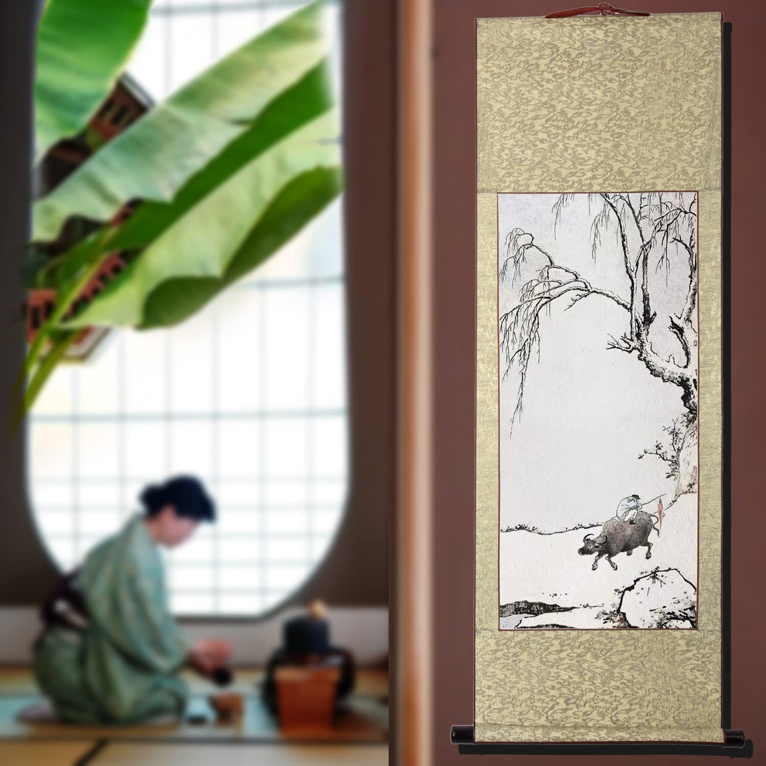 Amazon.co.jp: 肉筆 手描き 水墨画 掛け軸/牧童/山水画 掛軸 四尺四