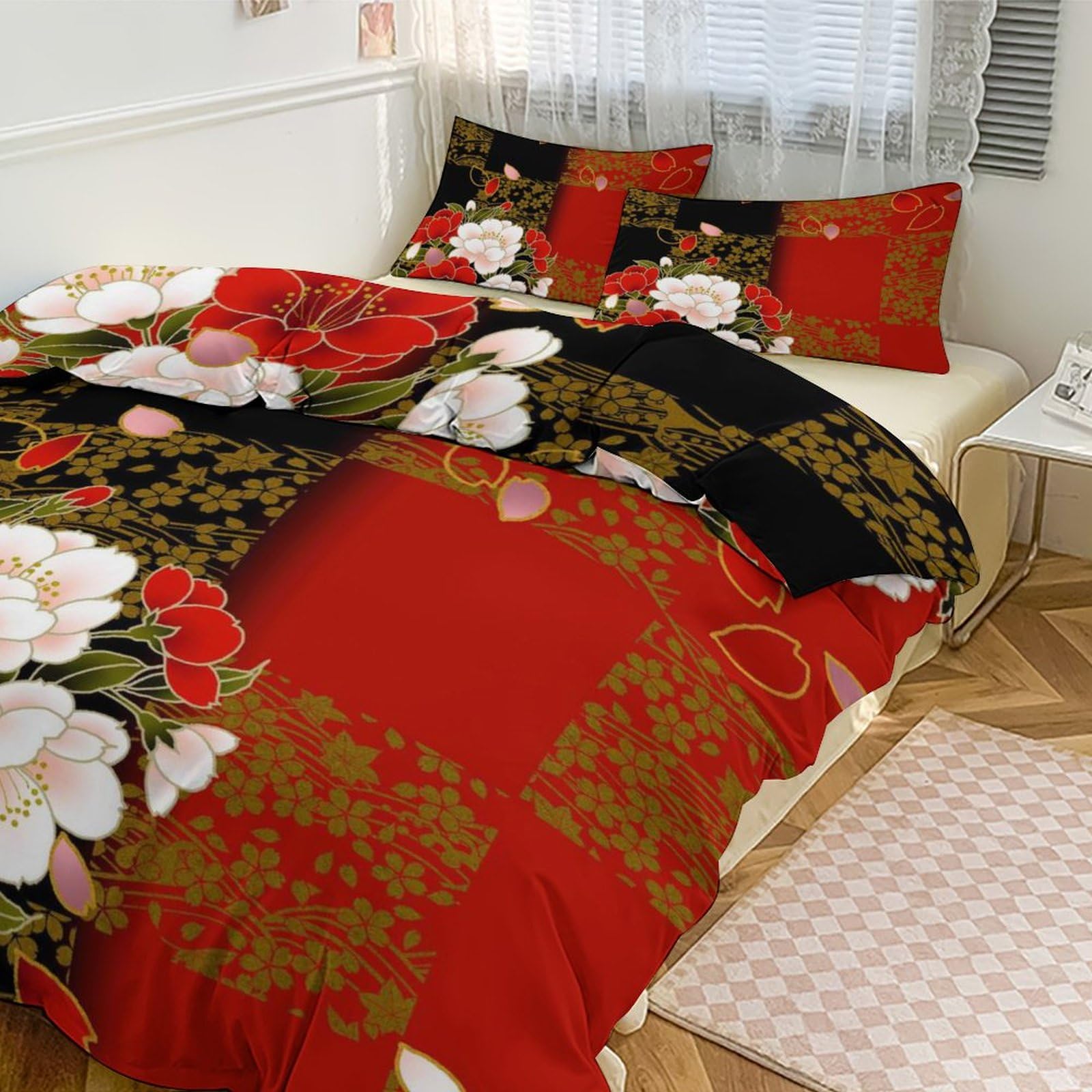 Amazon｜布団カバー 3点セット 黒 赤 レッド 可愛い 花柄 ベッド