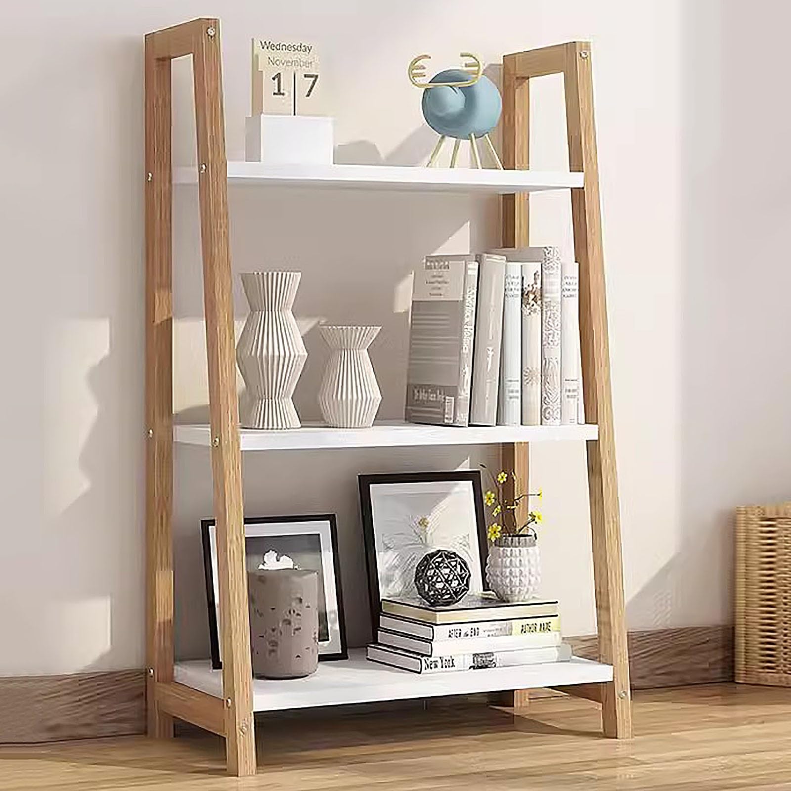 Amazon｜棚、3段オープンシェルフ、本棚、木製ラック、ラダーシェルフ