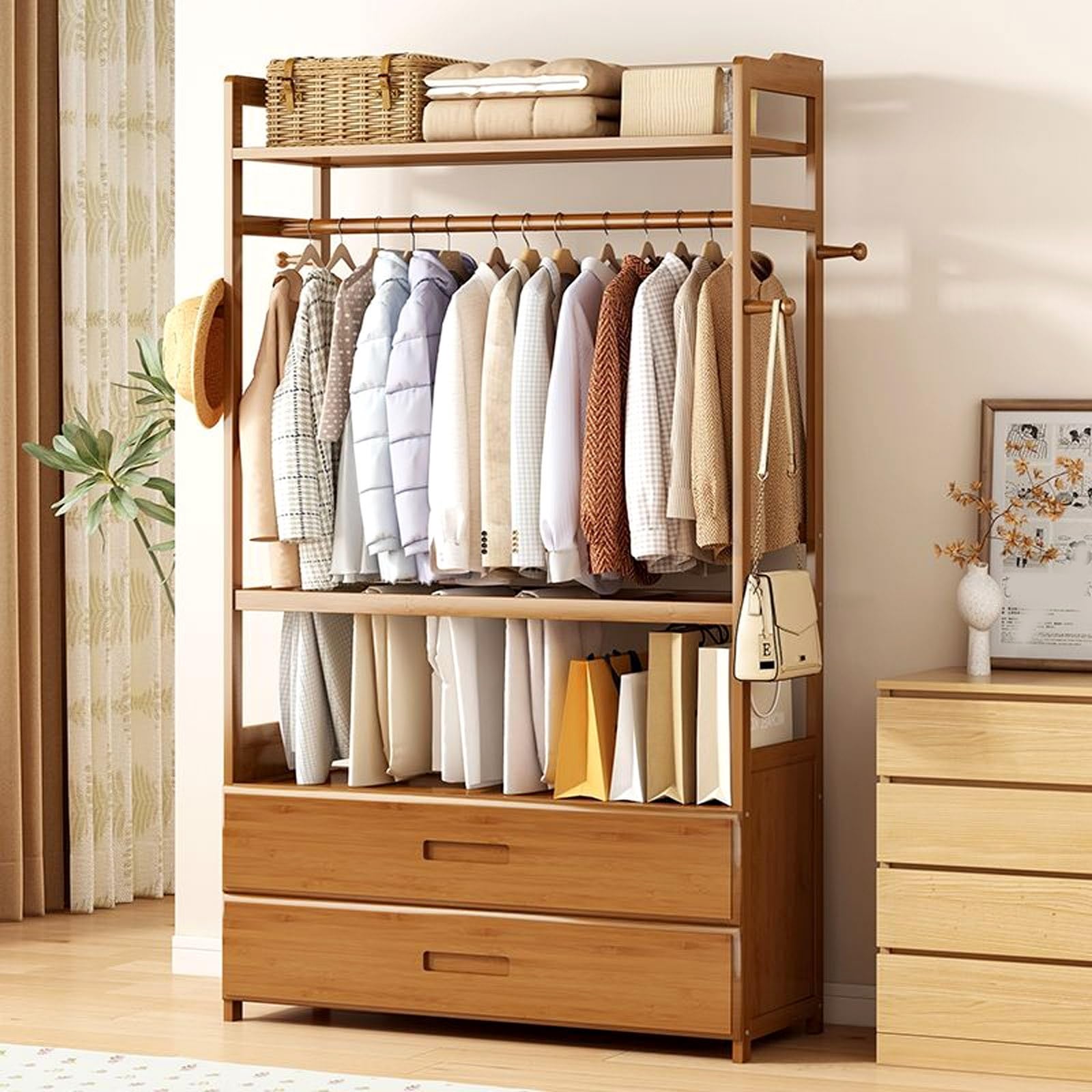 Amazon｜MBBTAG ハンガーラック 引き出し付き 木製収納ハンガー 大容量