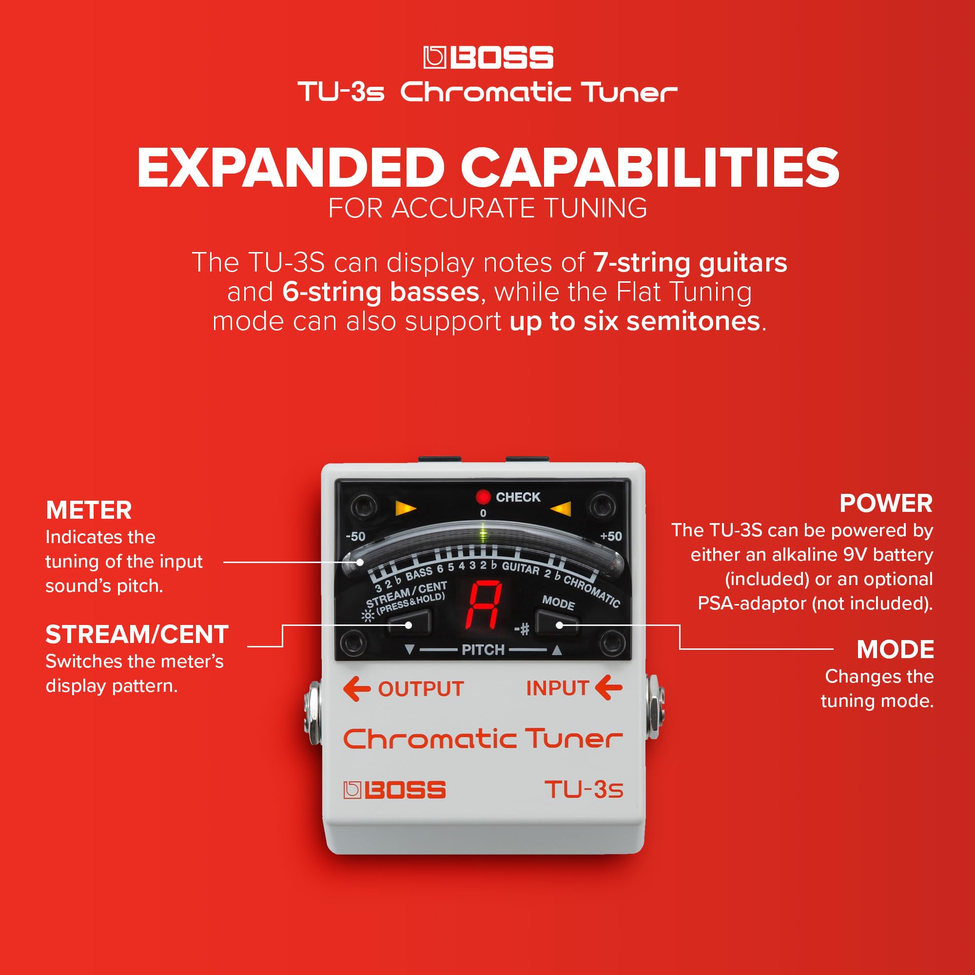 BOSS TU-3S Ultra-Compact Chromatic Tuner | Industry-Standard