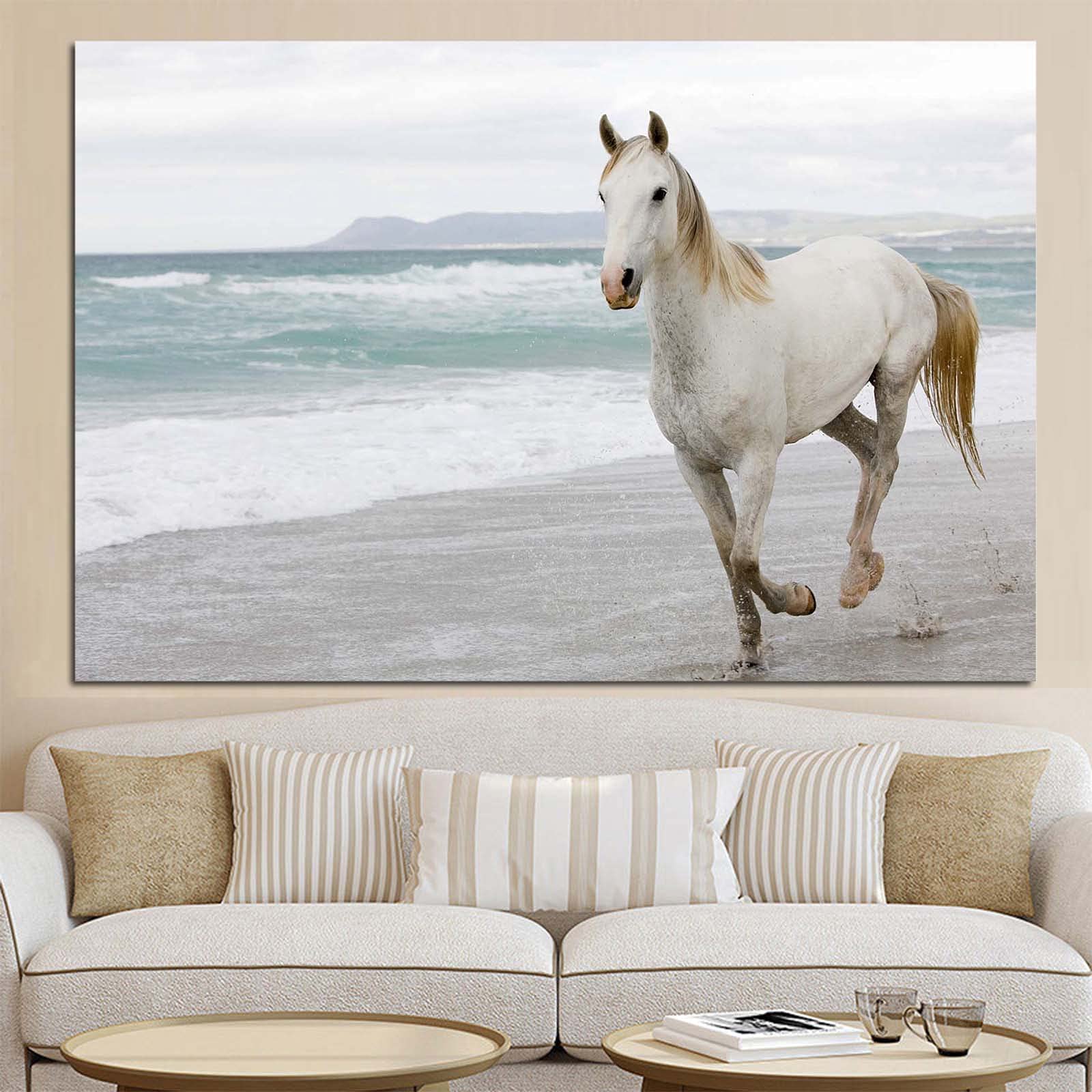 Amazon.co.jp: 海沿いを走る白い馬ポスター壁画部屋の装飾現代アート