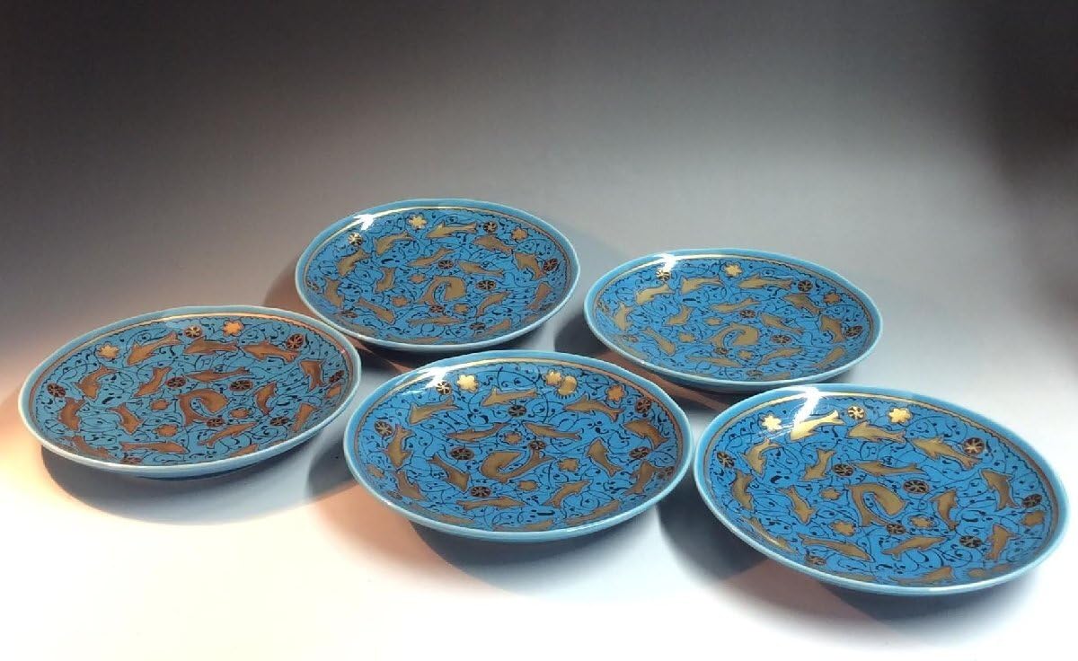 人間国宝 加藤卓男 幸兵衛窯 ブルー 青 瑠璃釉陽刻文皿 皿 5枚 箱付