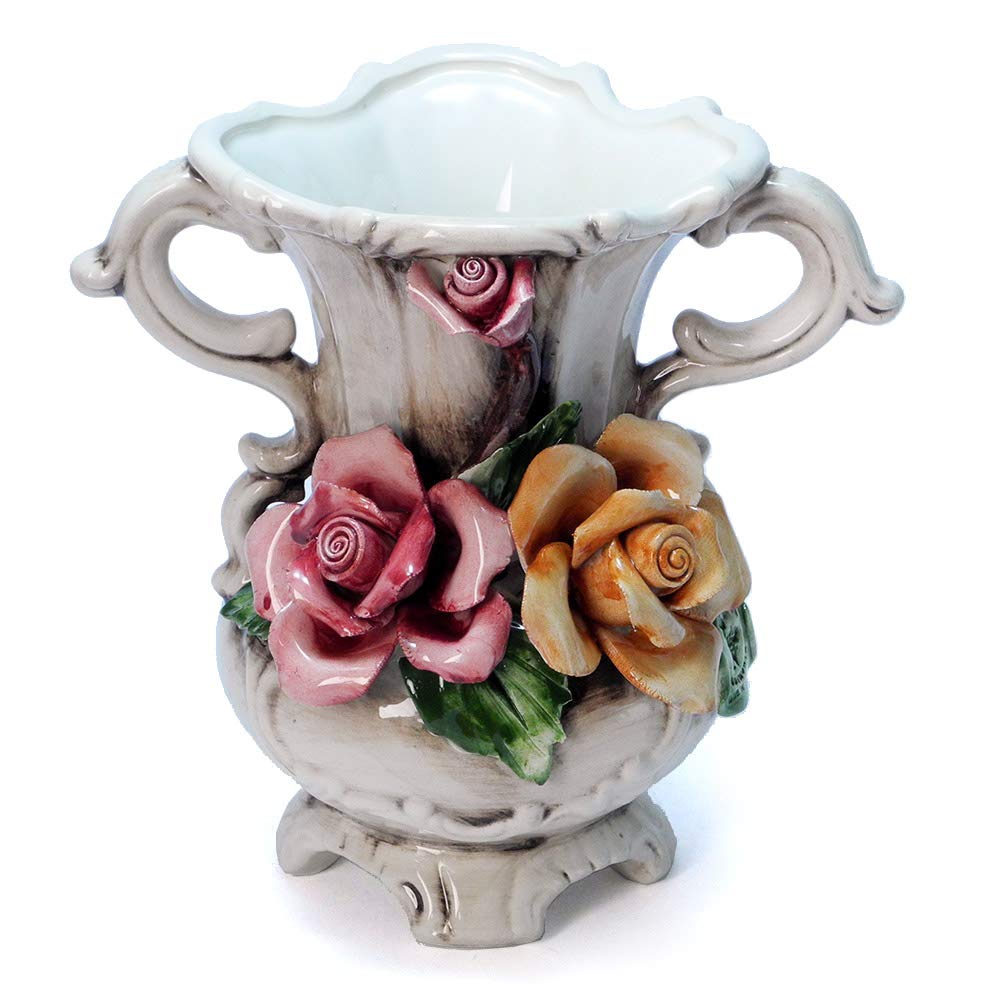 Amazon.co.jp: イタリア製 バラ 陶花 両手付 小 花瓶 カポディモンテ