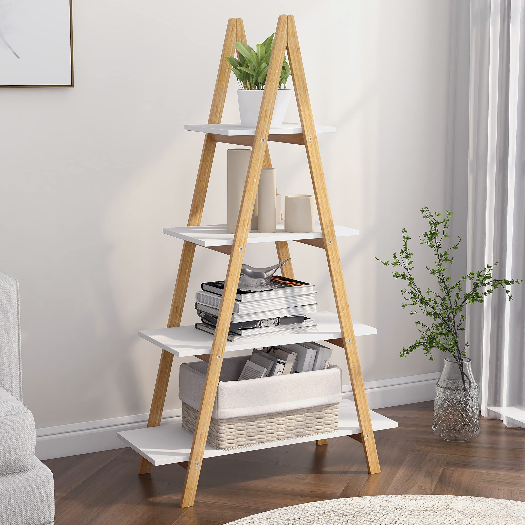 Amazon.com: OQSC 4-Tier Ladder Bookcase with Solid Bamboo Frame A