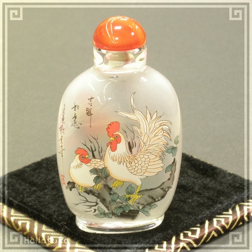 鼻煙壷 鼻煙香 67 鶏と牡丹 ニワトリ ボタン 内側から手描き 工芸品