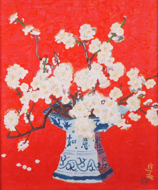 木版画で小倉遊亀が制作した和の花の絵の木版画「つかのま」