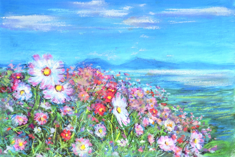 花の絵画をジークレーの版画で制作した石井清の花の絵「コスモス・B・G