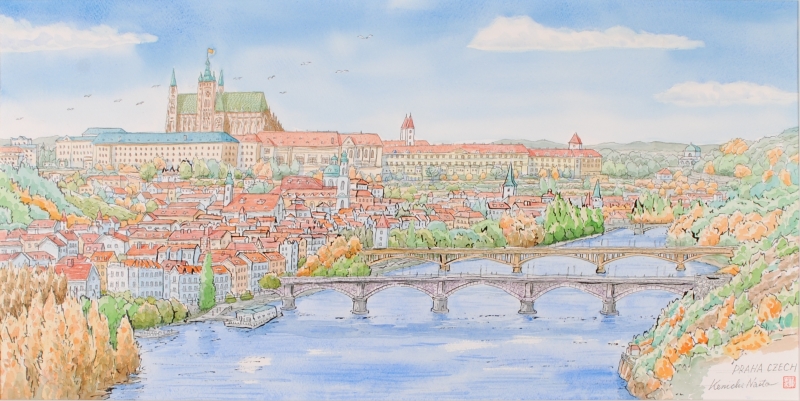 絵画の水彩画で内藤謙一が描いたチェコの風景画「プラハの眺め」を購入