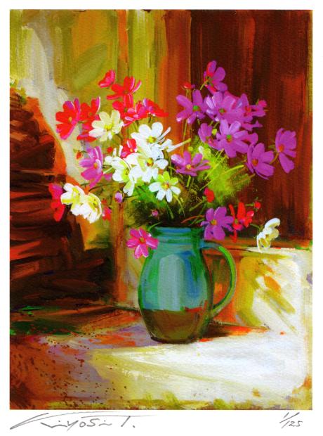 花の絵画をジークレーの版画で制作した田中清の花の絵「緑の壺の