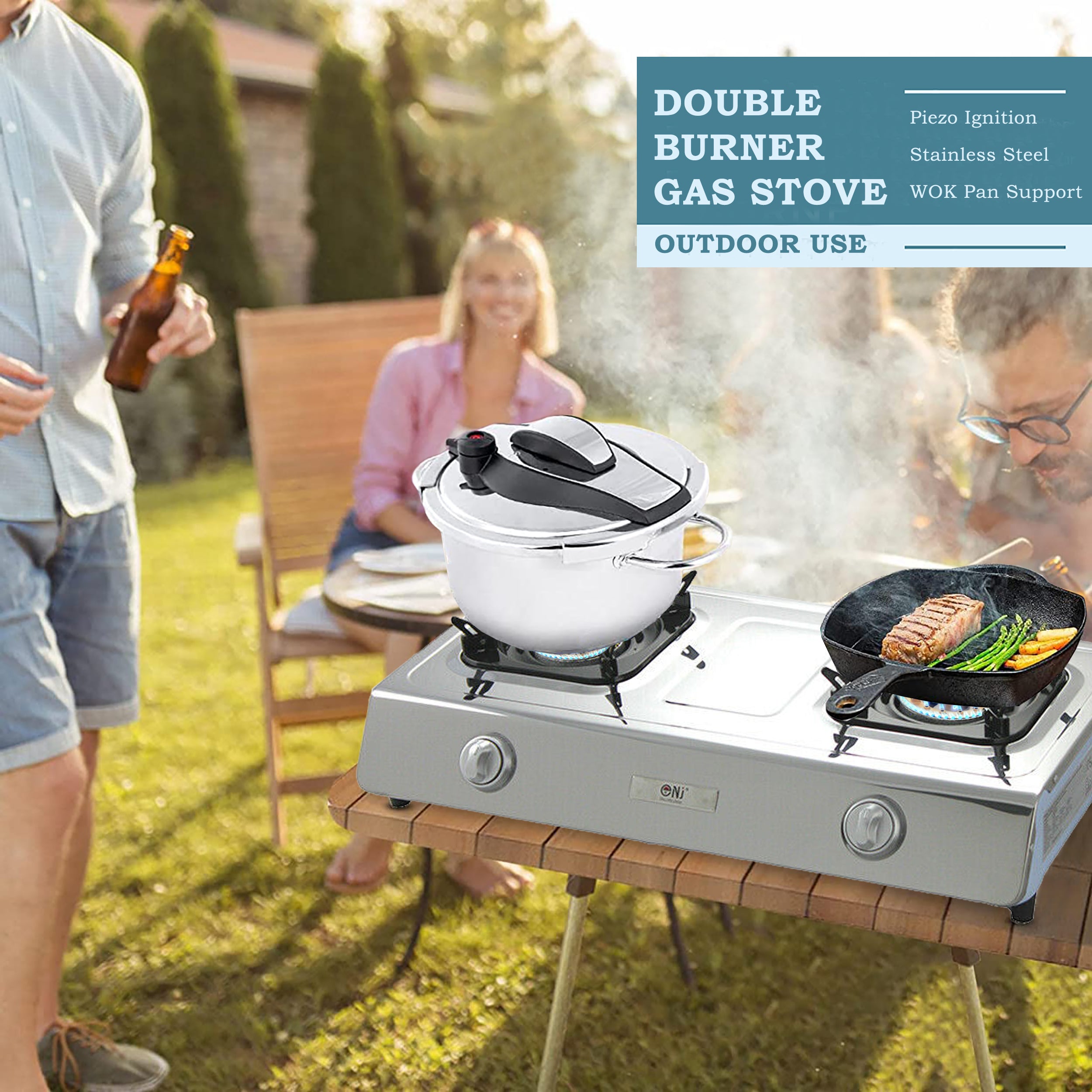 NJ NGB-200 Portable Outdoor 70 cm Gas Stove 2 Burners WOK Camping LPG