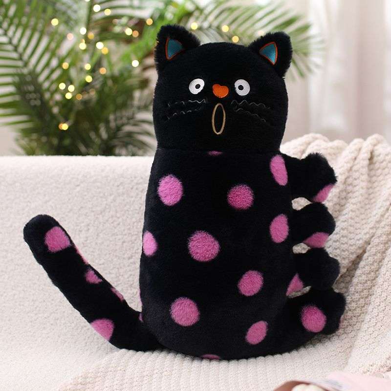 Cute Soft Polka-dotted Pink Black Whimsical Cat Plush – PlushThis