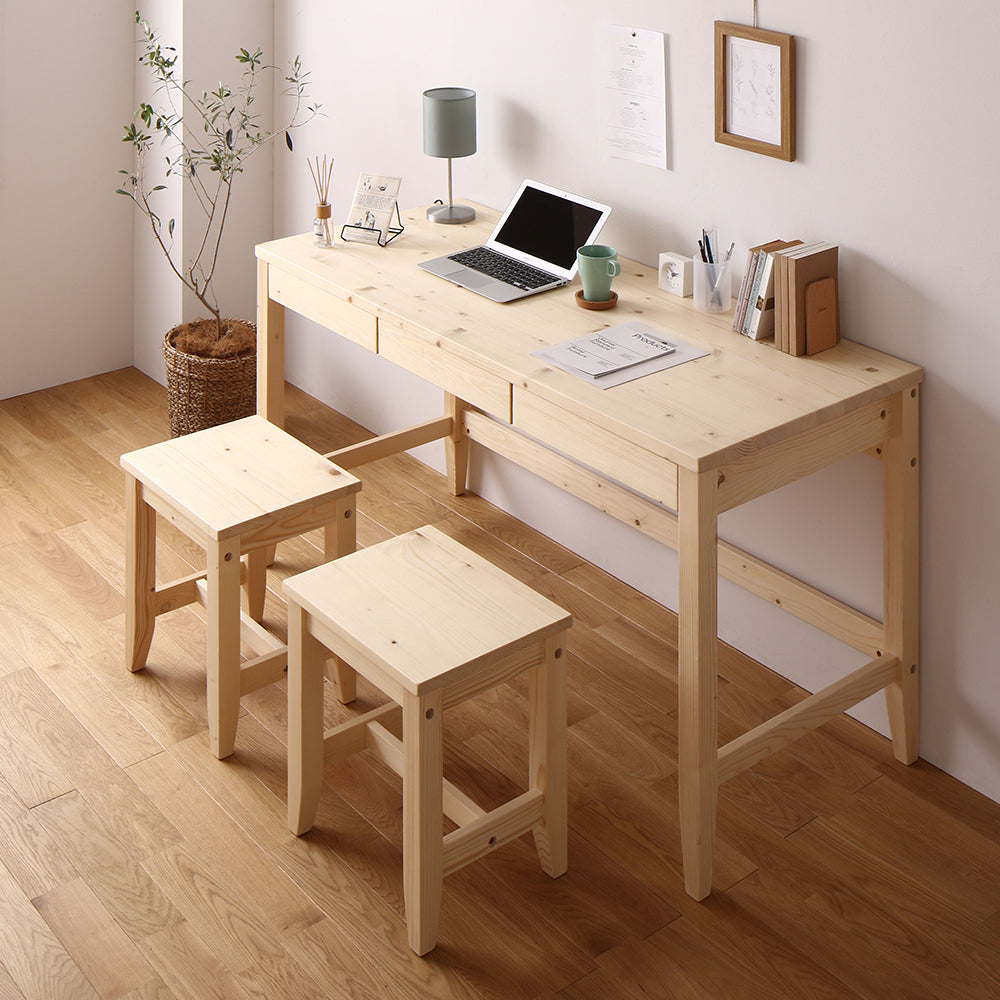 天然木 デスクセット（デスク＋スツール2脚）/天然木パイン材仕様