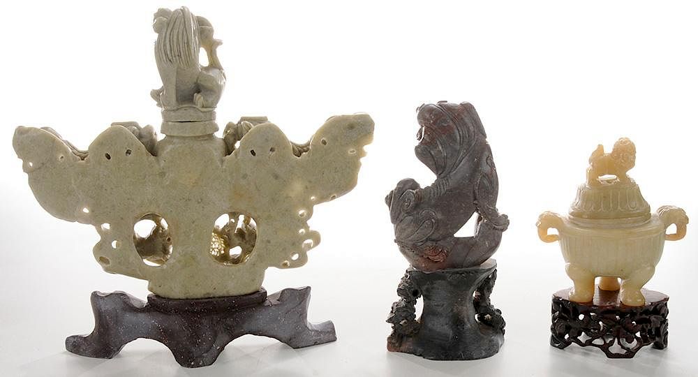 Eight Pieces Carved Soapstone Table 寿山石雕清供八件，最高的高12