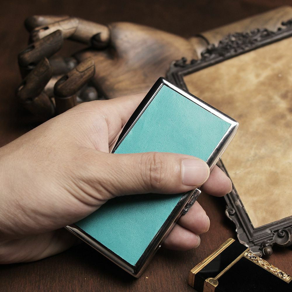 メタルシガレットケース 12本タイプ ターコイズブルー カウレザー