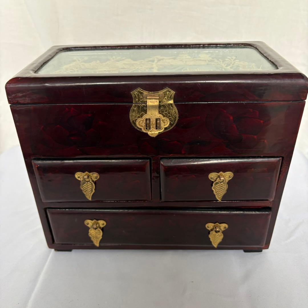 中国伝統工芸品 コルク細工 楼閣山水図 ジュエリーボックス 多段構造