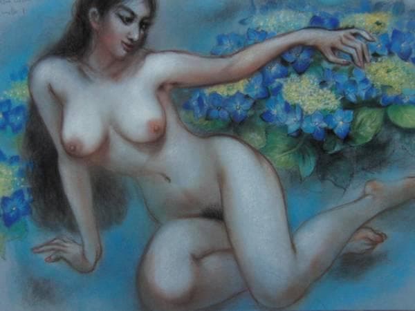 古沢 岩美、萼あじさい、希少画集画、新品額装付