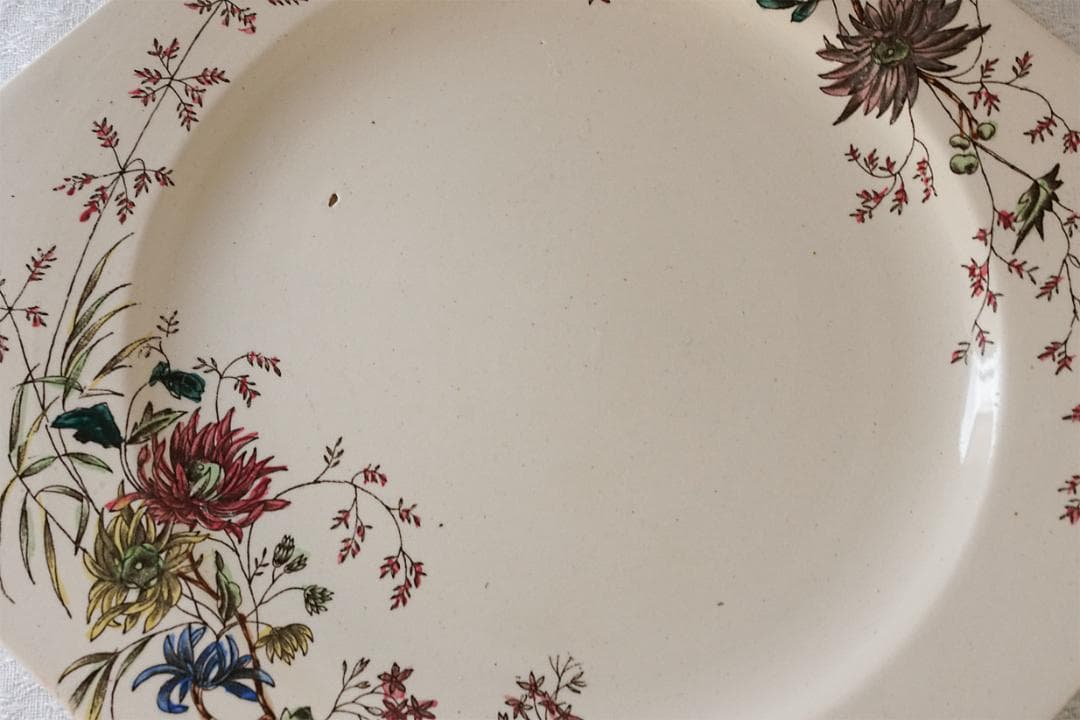 イギリスアンティーク　ボタニカル柄　オクトゴナル　プレート　21.7cm　A