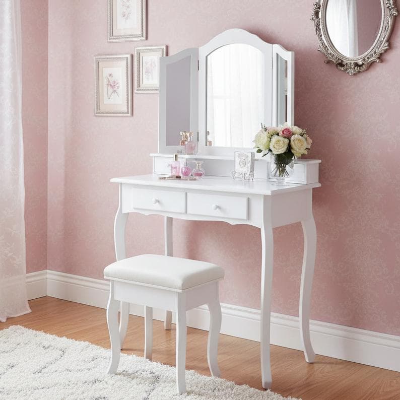 フォロー割【新品】三面鏡 ドレッサー スツール付き 姫系 猫脚 アンティーク調 楽天市場】【25日限定☆全品☆5%OFFクーポン】 可愛い猫脚 三面鏡