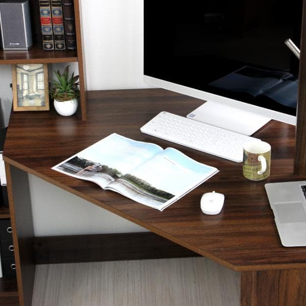 《新品送料無料》パソコンデスク コーナー ハイタイプ 書棚付き ブラウン 北欧風