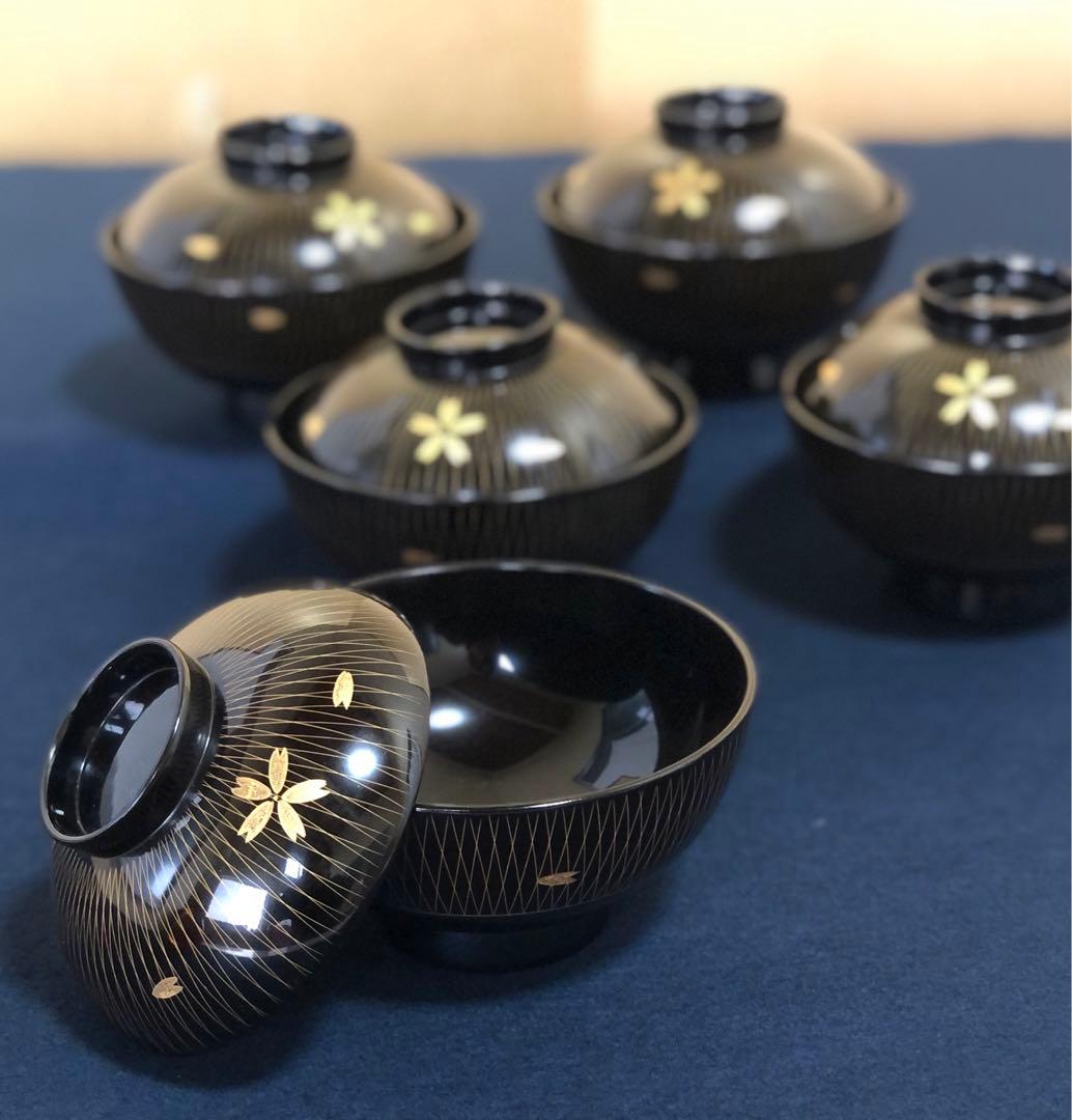 《R》輪島塗 沈金桜川 吸物椀5客 木製漆器 木箱　251218か1