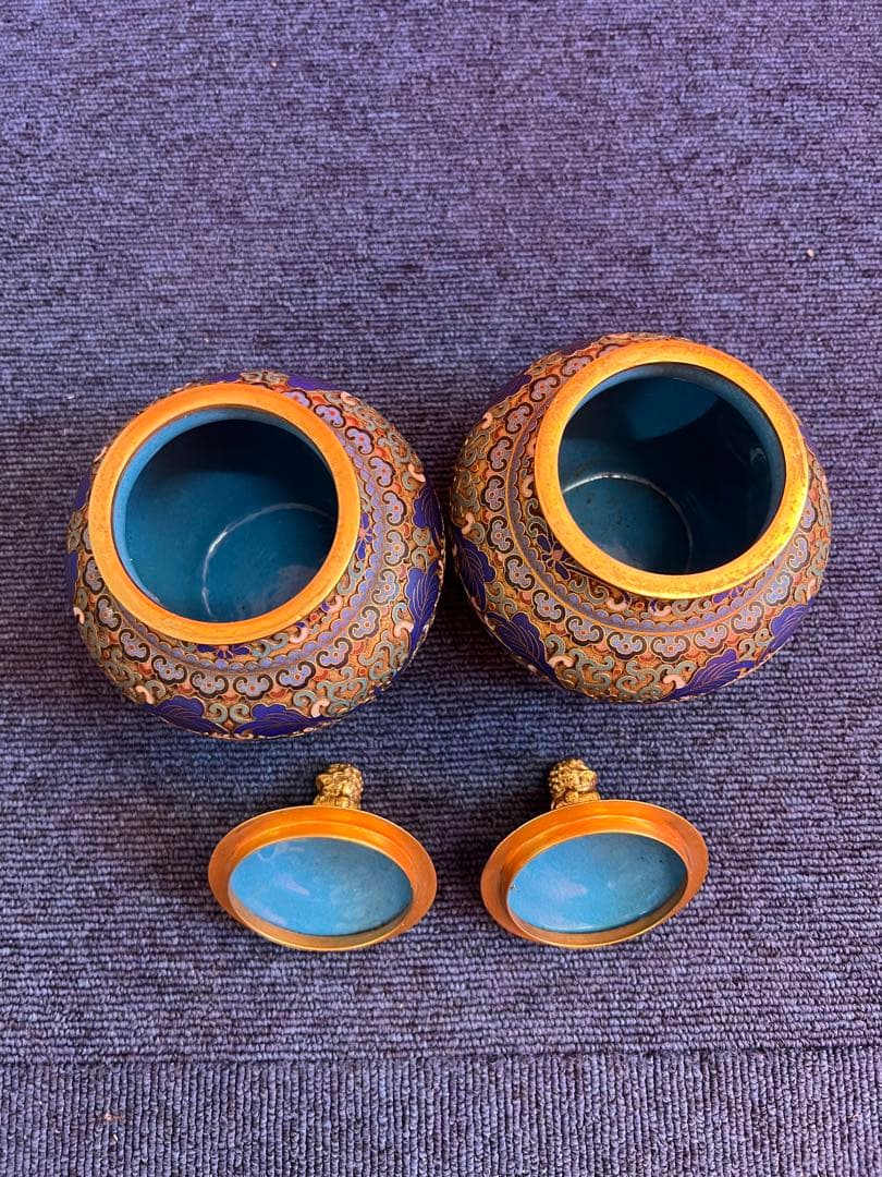 842 中国 景泰藍 古七宝琺瑯彩 花文 獅子摘蓋物 1対 - メルカリ