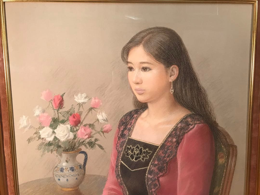 徳田宏行 「赤いドレスの女性」 パステル画20号 直筆サイン有り