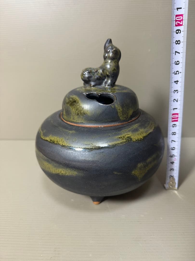 2205 有田焼正右衛門窯岩崎正作天目釉掛け獅子香炉未使用
