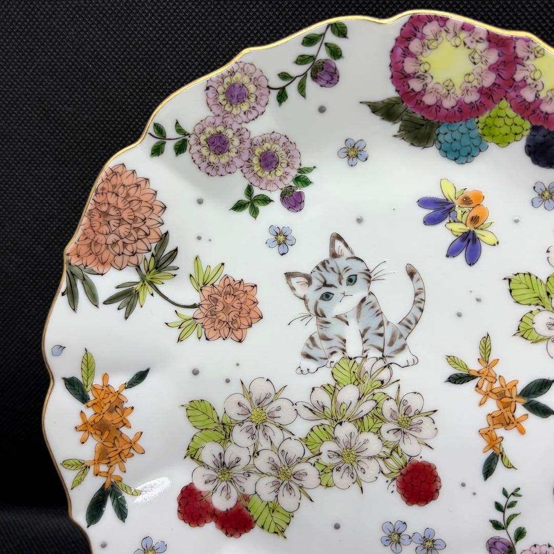 九谷焼作家 森下優理 ケーキ皿 猫 直径約19㎝