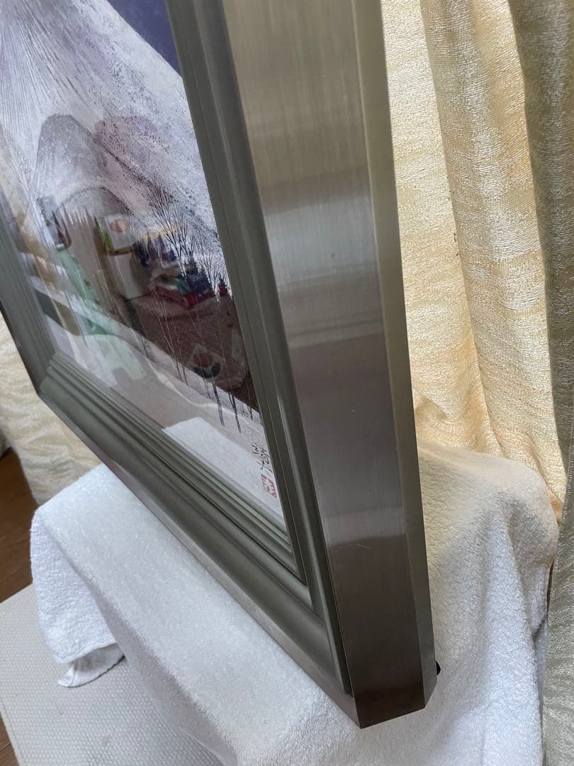 【桝田靖夫】日本画 浅間山 シルバーフレーム