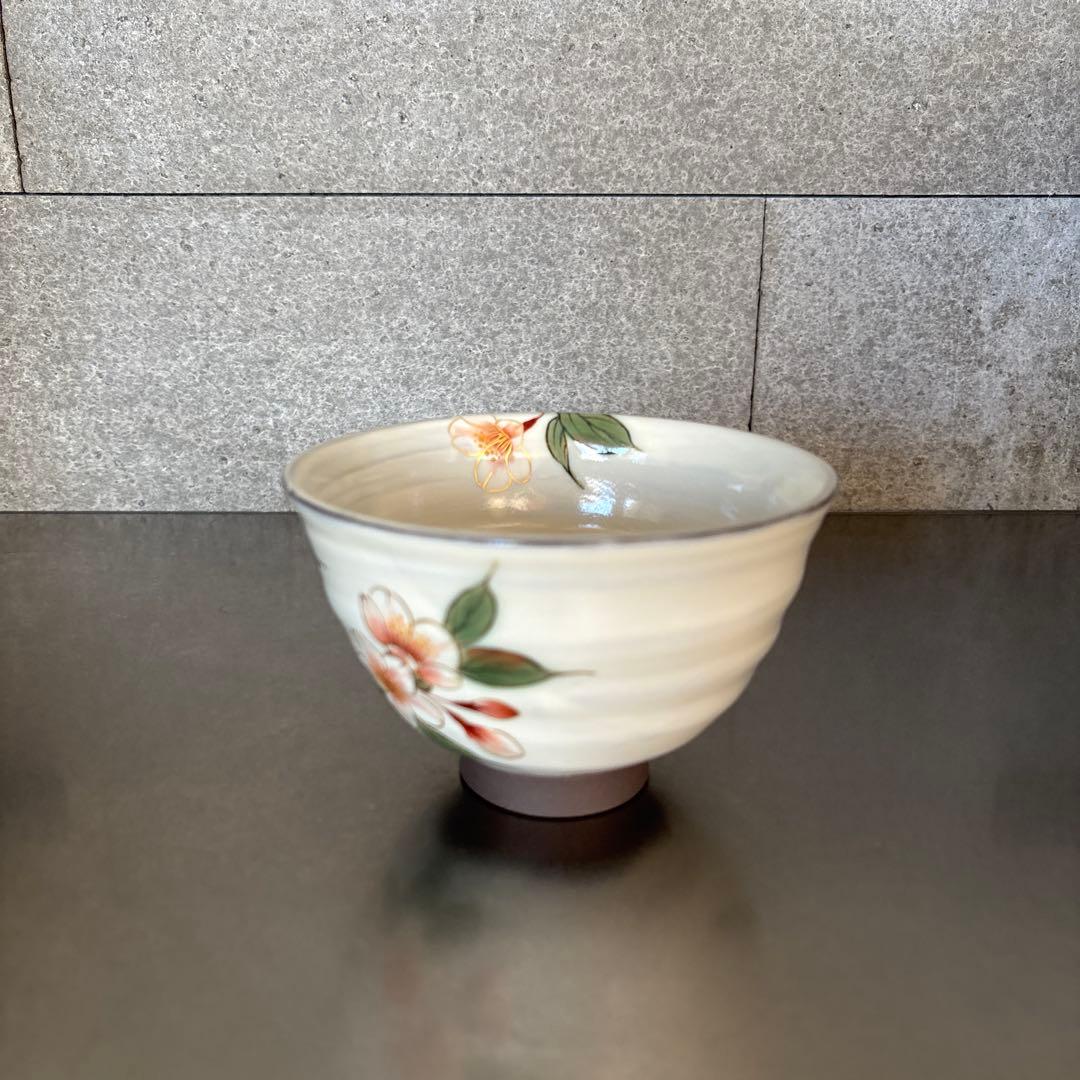 《ほぼ新品》美品【陶葊】京焼　白掛彩草花　色絵付け　陶あん　桜　茶碗