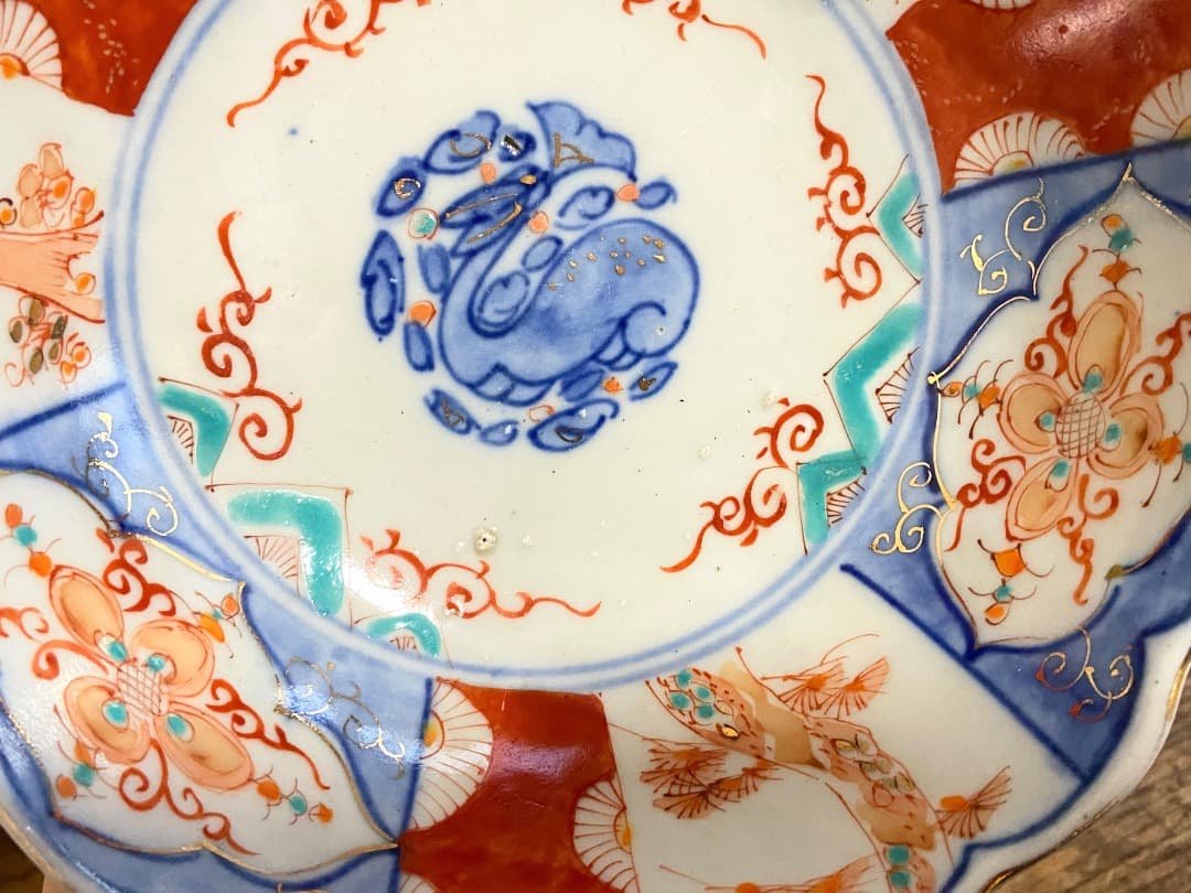 能登蔵出し 時代物 色絵 金彩 クルス窓絵文 輪花 大なます皿/深皿 膾皿