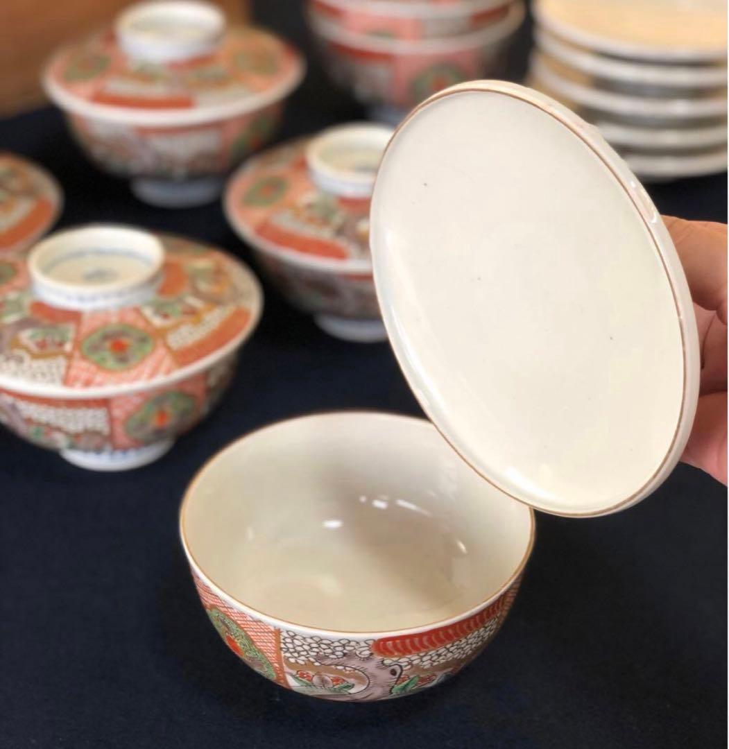 《R》伊万里 赤絵 色絵 蓋碗10客 蓋茶碗 蓋物 木箱　260107か5