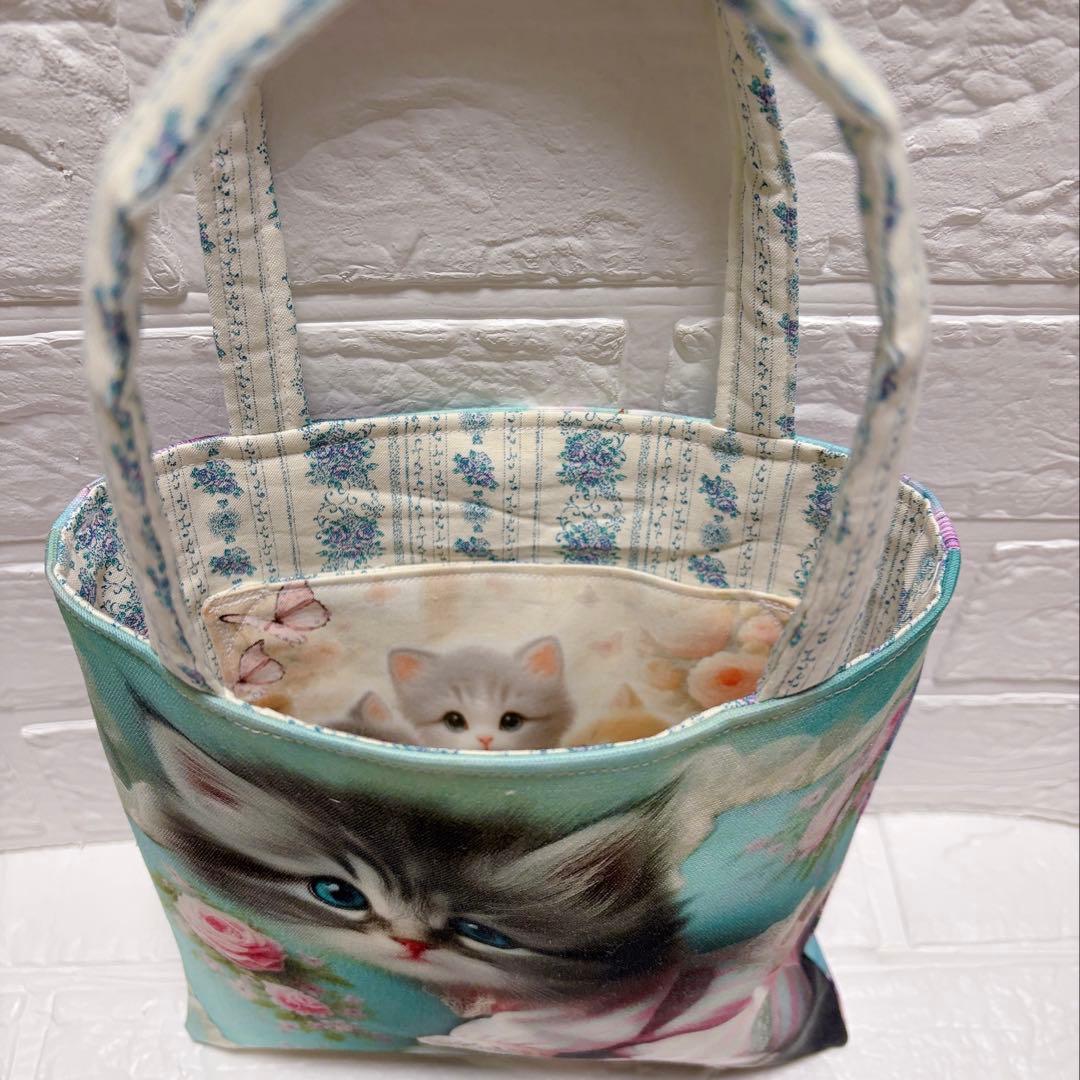 ミニトートバッグ お散歩バッグ ハンドメイド 姫パジャマ猫ちゃん 両面