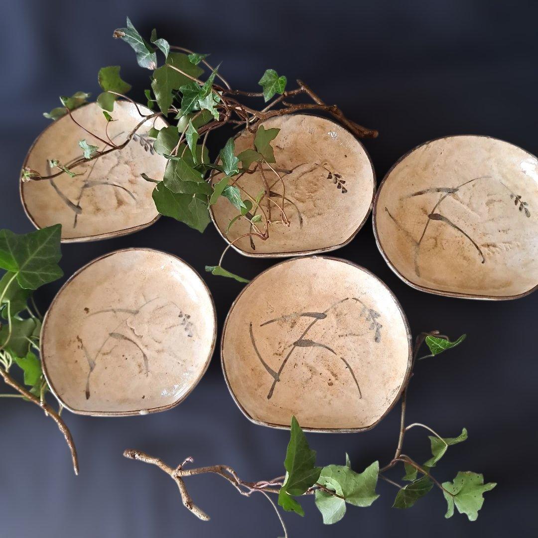 渋さ 枯れ味 志野焼の魅力！」 志野皿(幅14cm)5客セット 箱付き 骨董ア