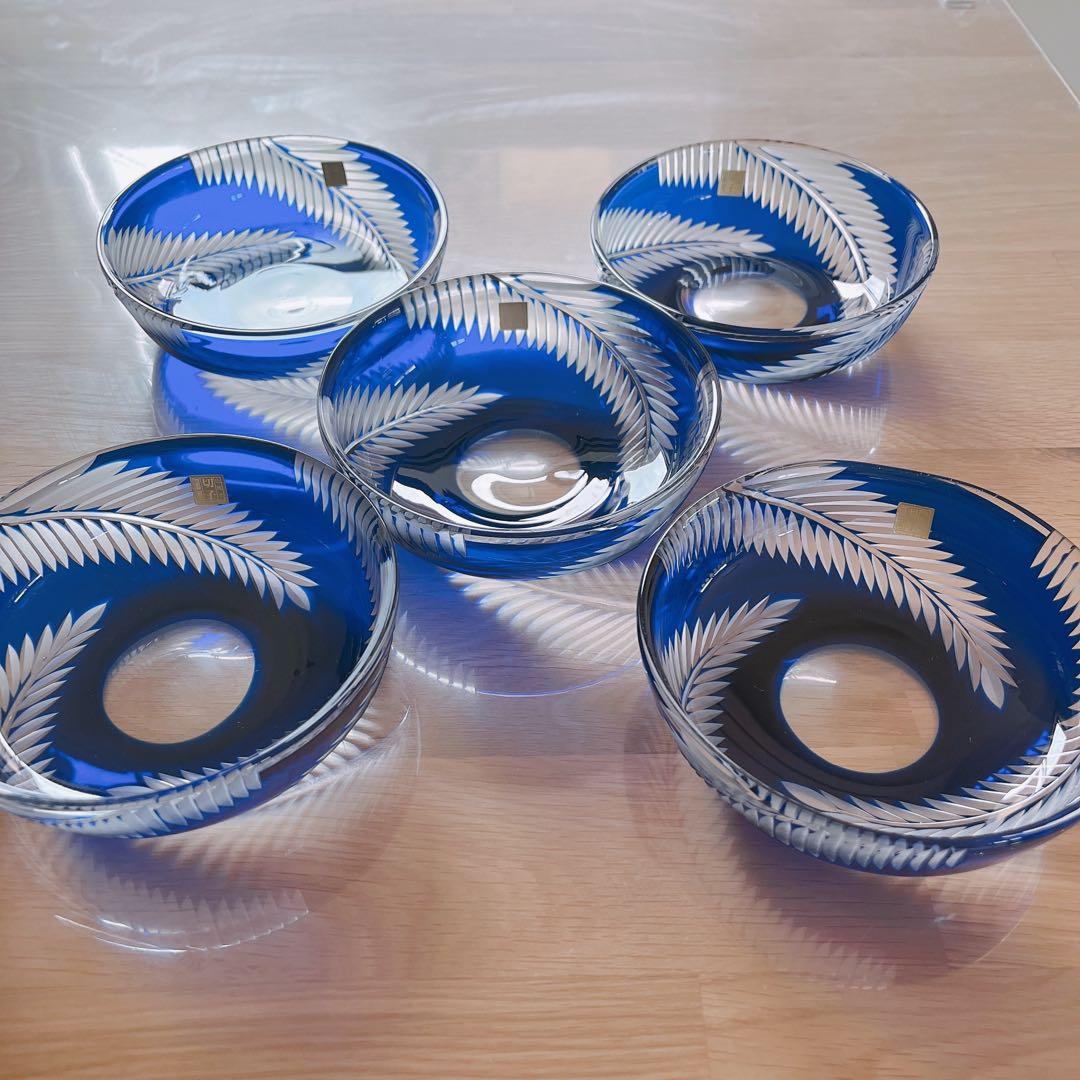 色被せ硝子　ルリ切子　5枚　深 藤巻百貨店】＜深川硝子工芸＞二色被せクリスタル 小樽切子 オールド