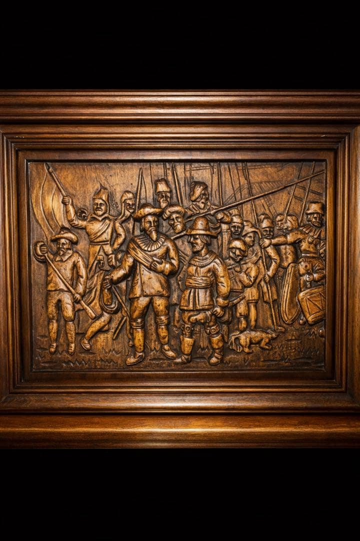 今日までセール高級60年代ビンテージ　木彫りレリーフ額絵　夜警 レンブラント 夜警 6号 立体複製名画 額付き 壁掛け 有名画家 アートの