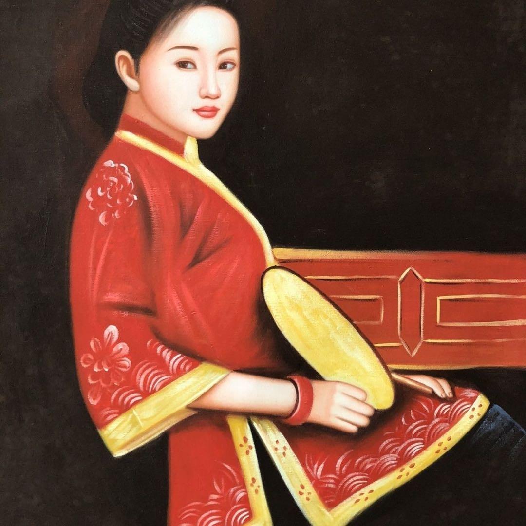 純手描き 油画 人物画 陳逸飛 作品図 中国絵画 約104×74cm 未表装