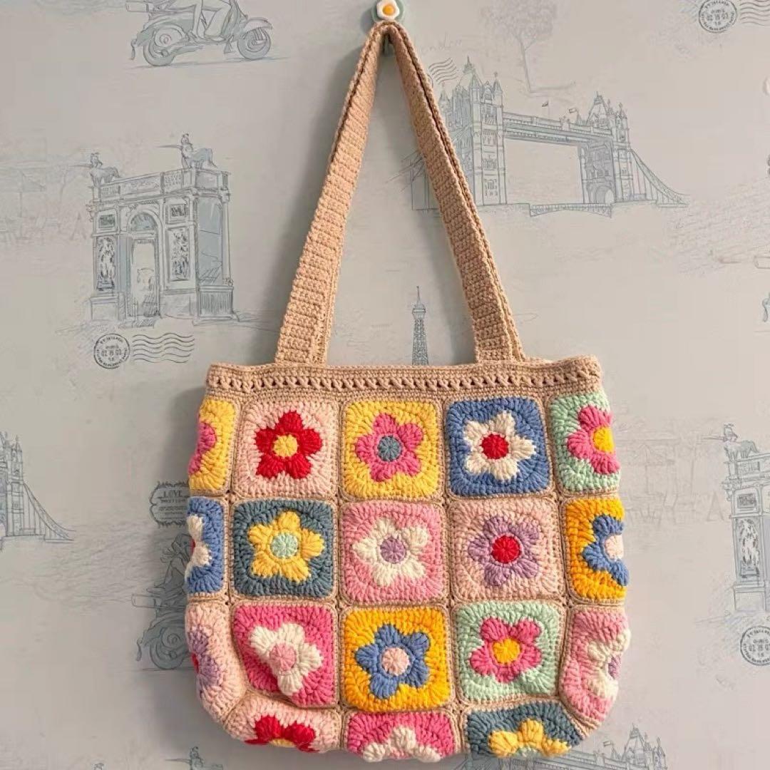 花柄グラニートートバッグ Lサイズ】ダリア柄 綿麻グラニーバッグ ブルー ＜A4サイズ入ります