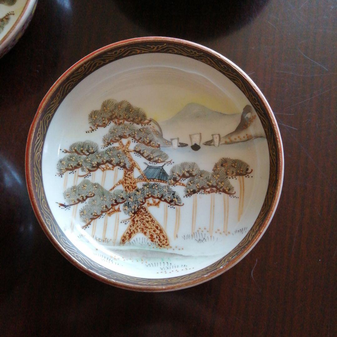 九谷焼　青粒鉄線三保の松原豆皿　5枚　8.5cm　明治～大正期