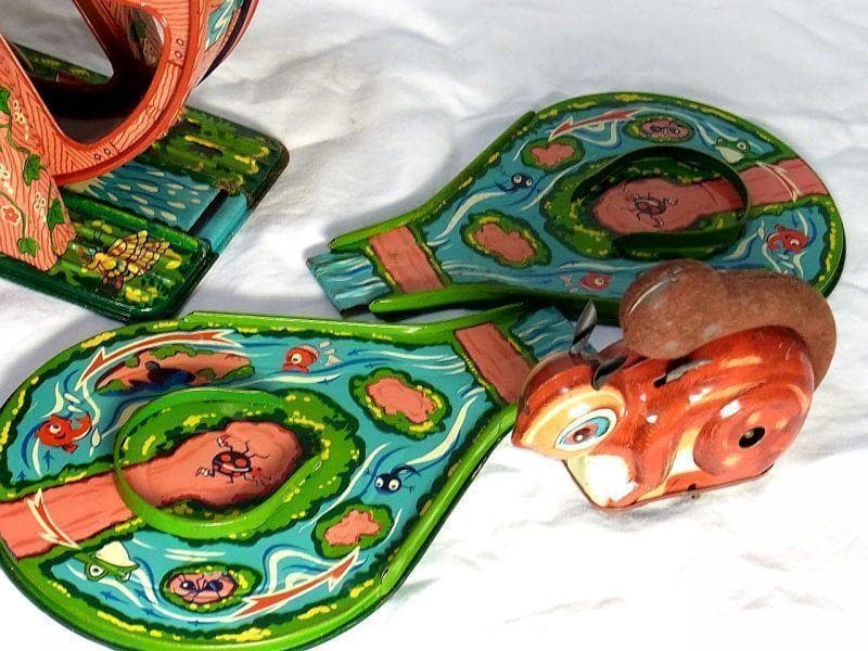 希少】水車を回す ブリキのリス おもちゃ 1950年代光球商会製【箱