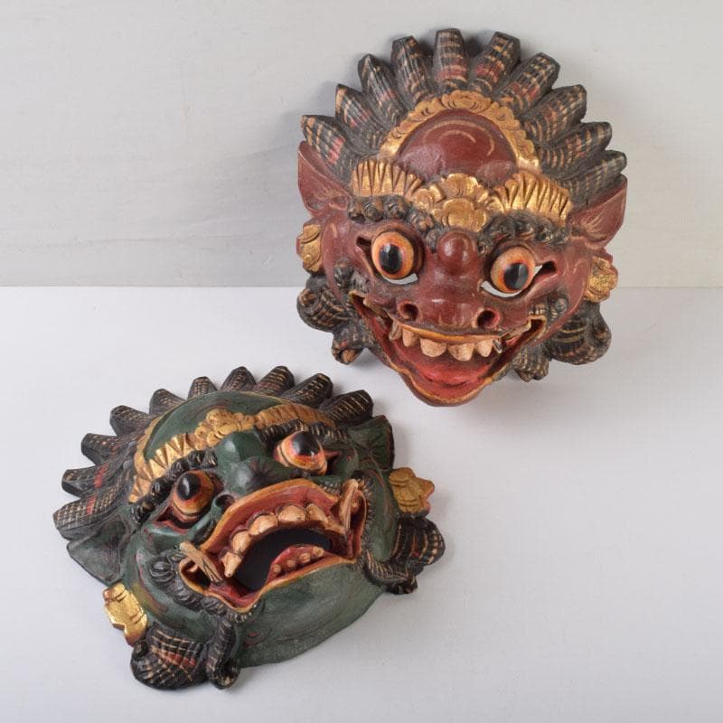 バリ島　インドネシア　木彫彩色　バロン　面　壁飾　一双　V　9089 Barong バロン インドネシアの魔除け 壁飾り ウォールデコ パネル