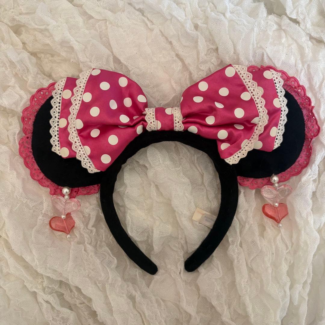 ディズニーミニーカチューシャ リボンピンク 水玉イヤリング - メルカリ