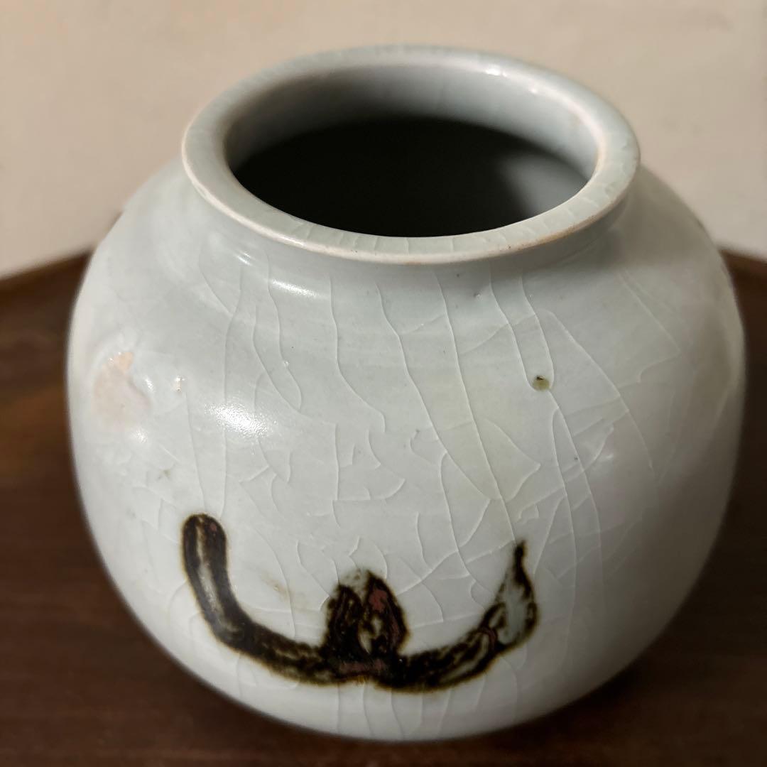 鉄釉壷 朝鮮 李朝 韓国骨董 白磁 丸壷 塩笥壺 骨董品.アンティーク