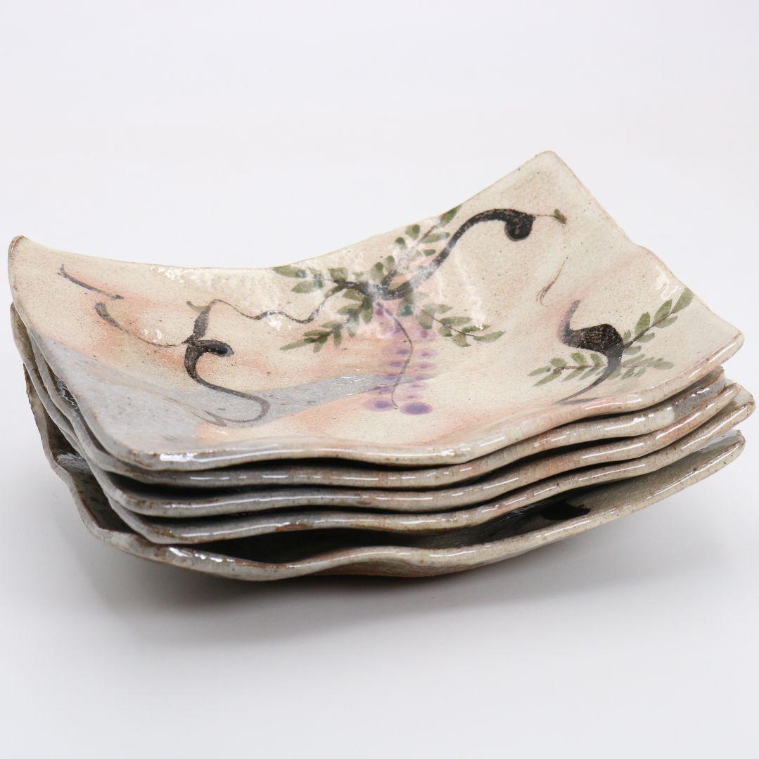 北大路魯山人作 鼠志野 藤絵皿 五客 清水公照書付 共箱共布 SZ853 DK1