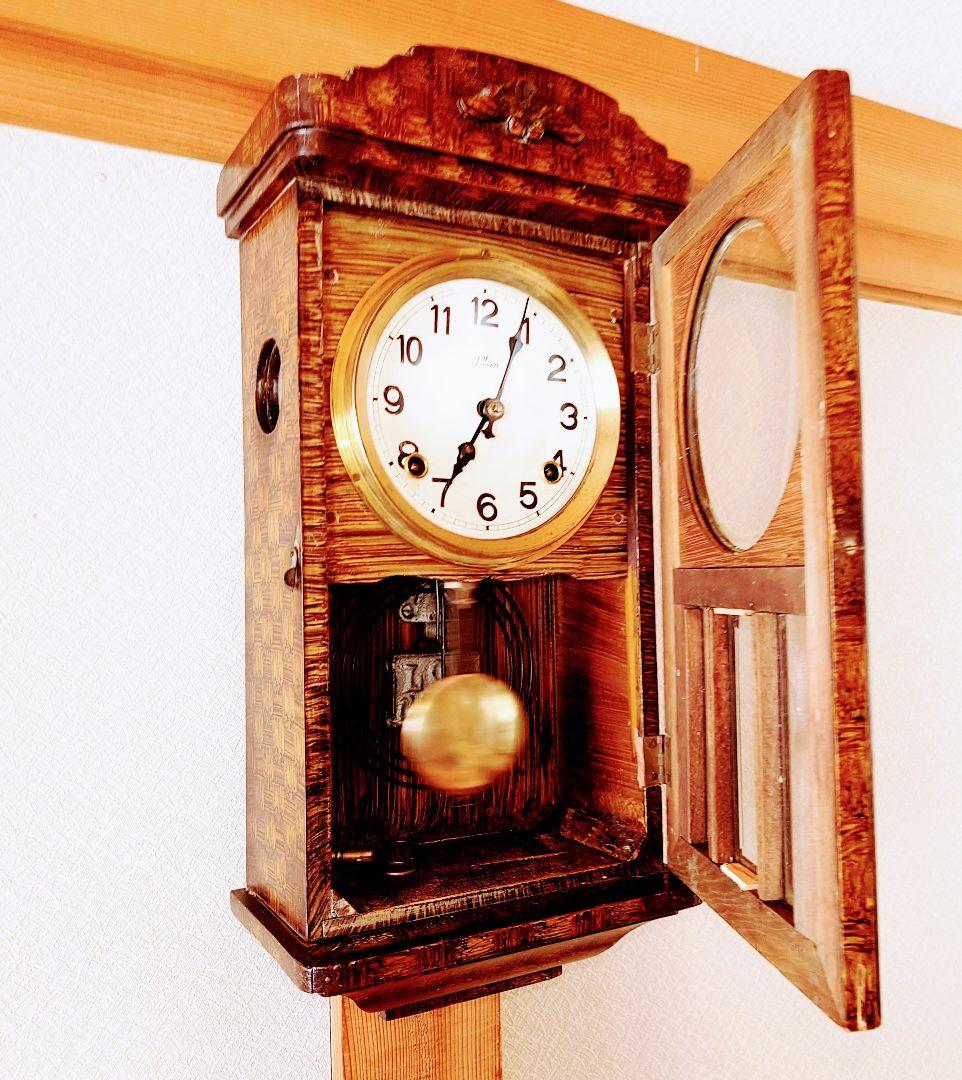 完動・美品〉S.MIZU 特殊技法刷毛目塗 宮型ゼンマイ振り子時計 古時計