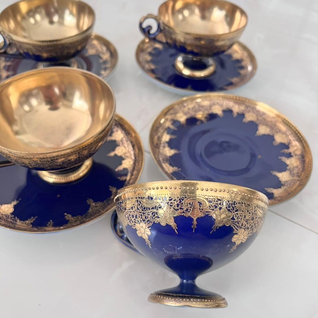 オールドノリタケ 金盛藍線帯華装飾紋 メイプルリーフ印 ペディスタル