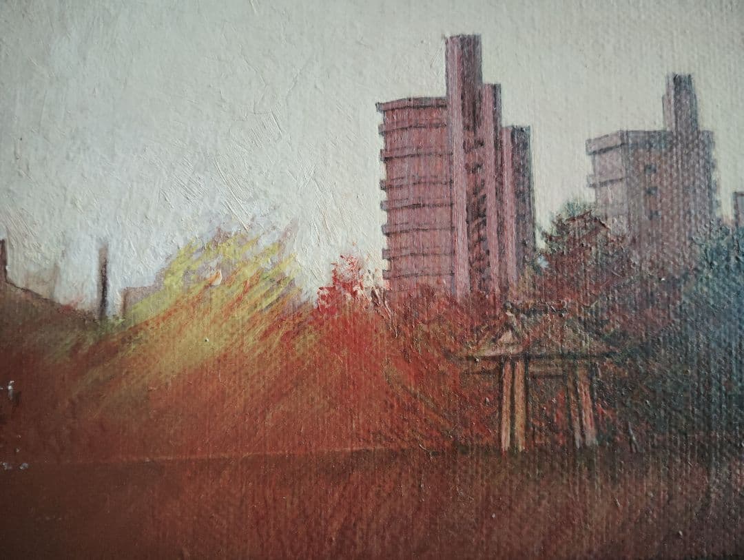 熱田隆一 油彩 都市風景画　夕陽