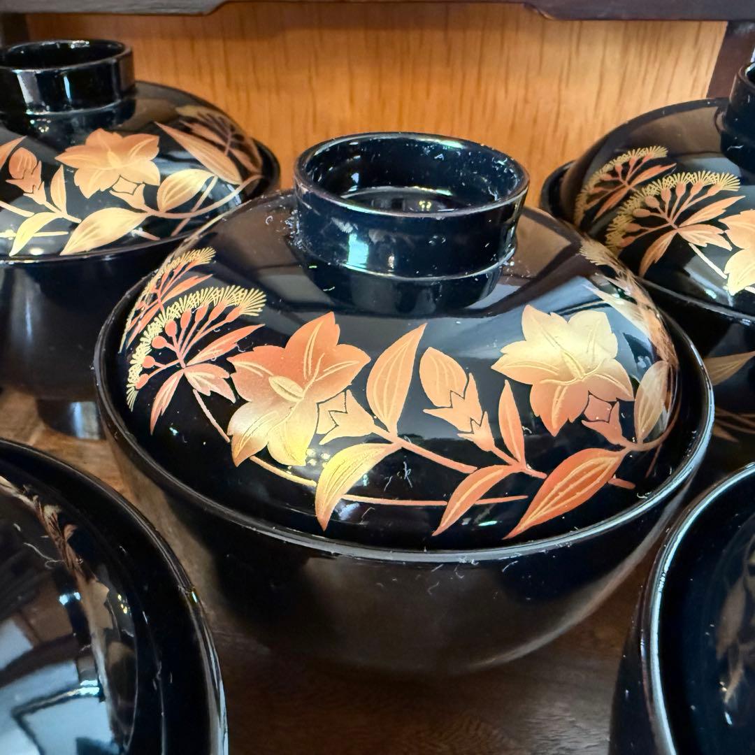 未使用品 乙造作 輪島塗秋草蒔絵吸い物椀 5客セット 桐箱付き 黒の